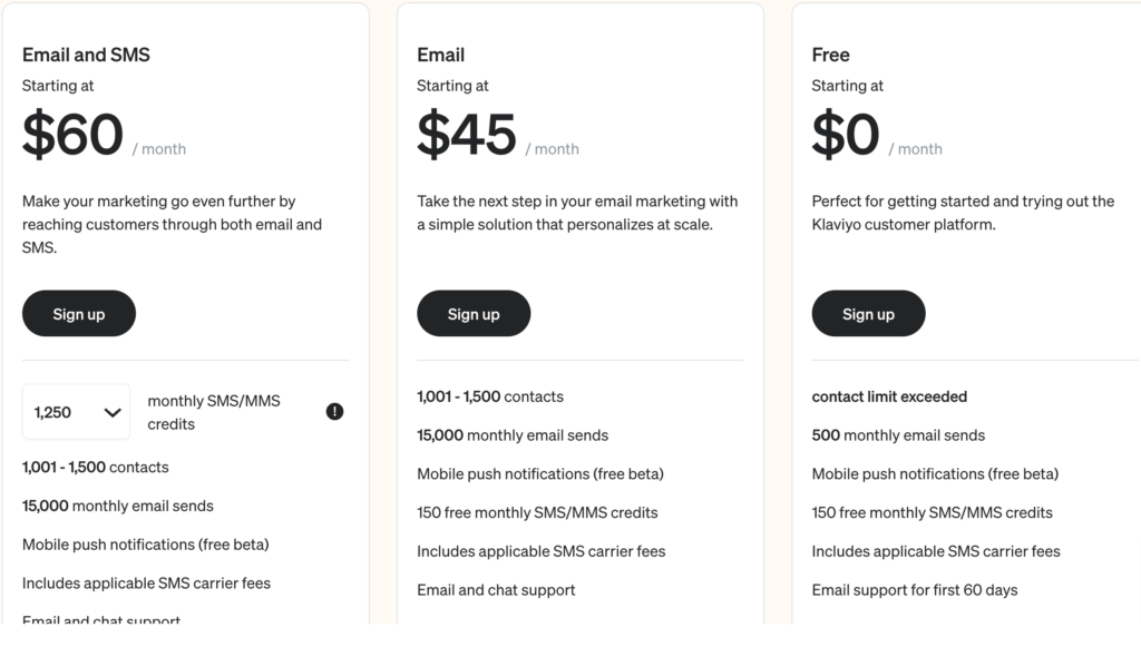 Email Marketing SMS Pricing Cost Klaviyo Price Plans